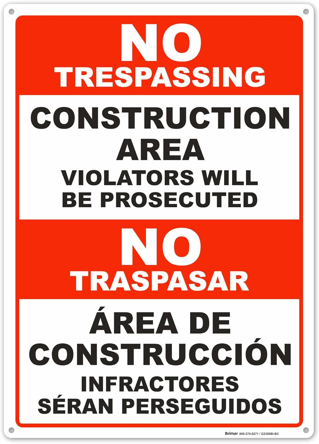 Brimar - 10" x 14" - Bilingual Construction Area Violators Will Be Prosecuted Sign - .055″ Polyethylene Plastic - Bold Text And Symbol - Easy Installation