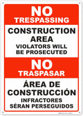 Brimar - 10" x 14" - Bilingual Construction Area Violators Will Be Prosecuted Sign - .055″ Polyethylene Plastic - Bold Text And Symbol - Easy Installation