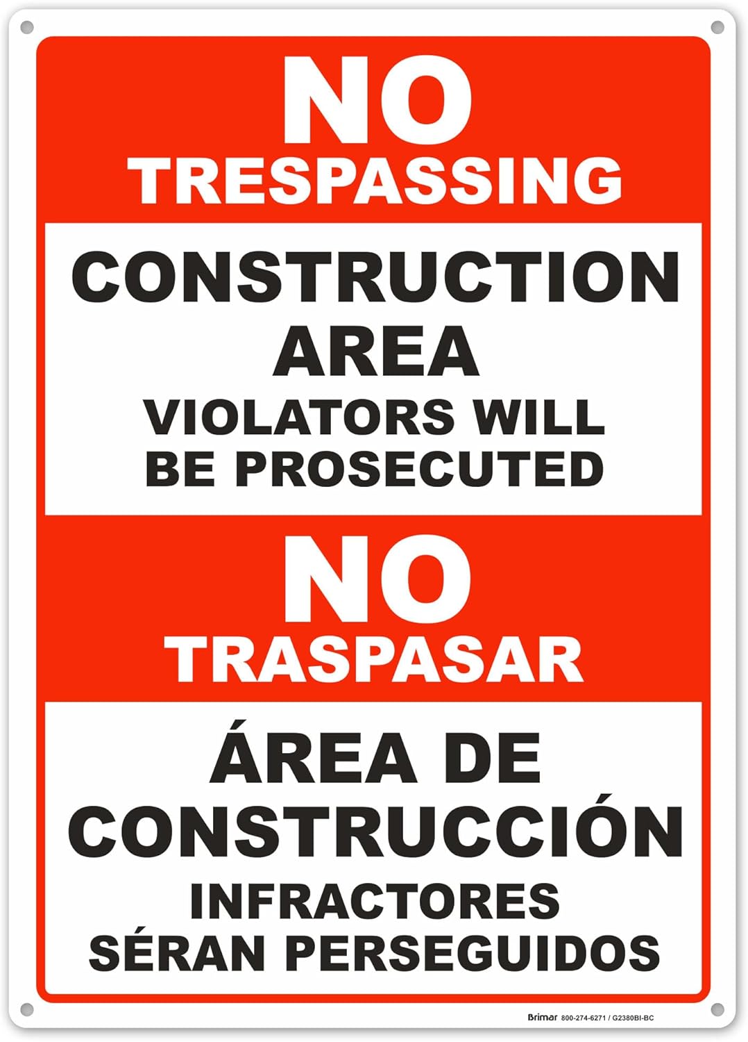 Brimar - 10" x 14" - Bilingual Construction Area Violators Will Be Prosecuted Sign - .055″ Polyethylene Plastic - Bold Text And Symbol - Easy Installation