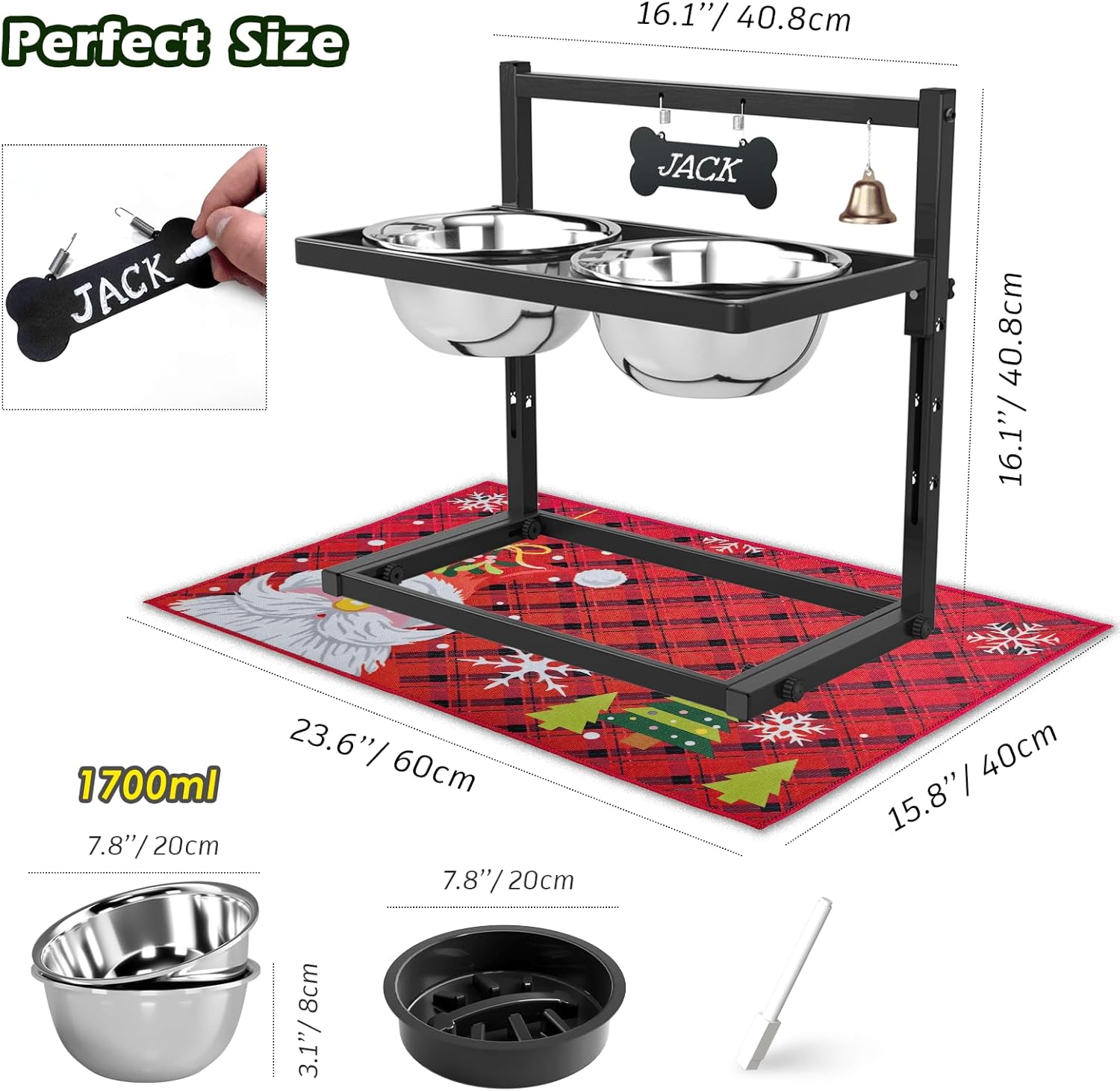 SHAINFUN Christmas Elevated Slow Feeder Dog Bowls with Mat for Large Dogs, Adjustable Height, Tall Raised Dog Food Water Bowl Stand Gift for Dogs