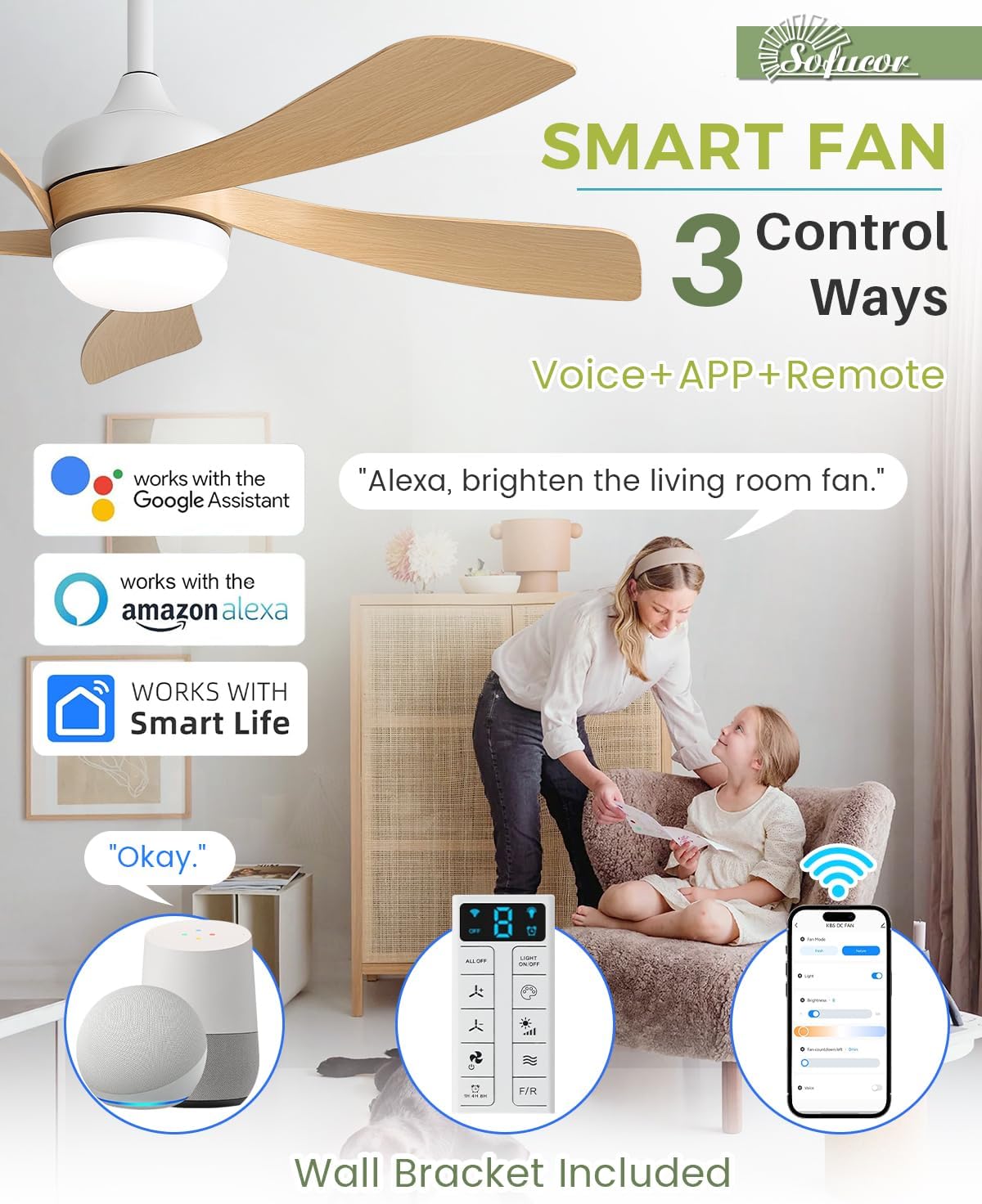 Sofucor 45" Smart Ceiling Fan, Outdoor Modern Ceiling Fans with Lights and Remote, Works with Alexa/Google/App, 3-Color Light 6-Speed Timing Reversible DC Motor for Living Room Bedroom Patio