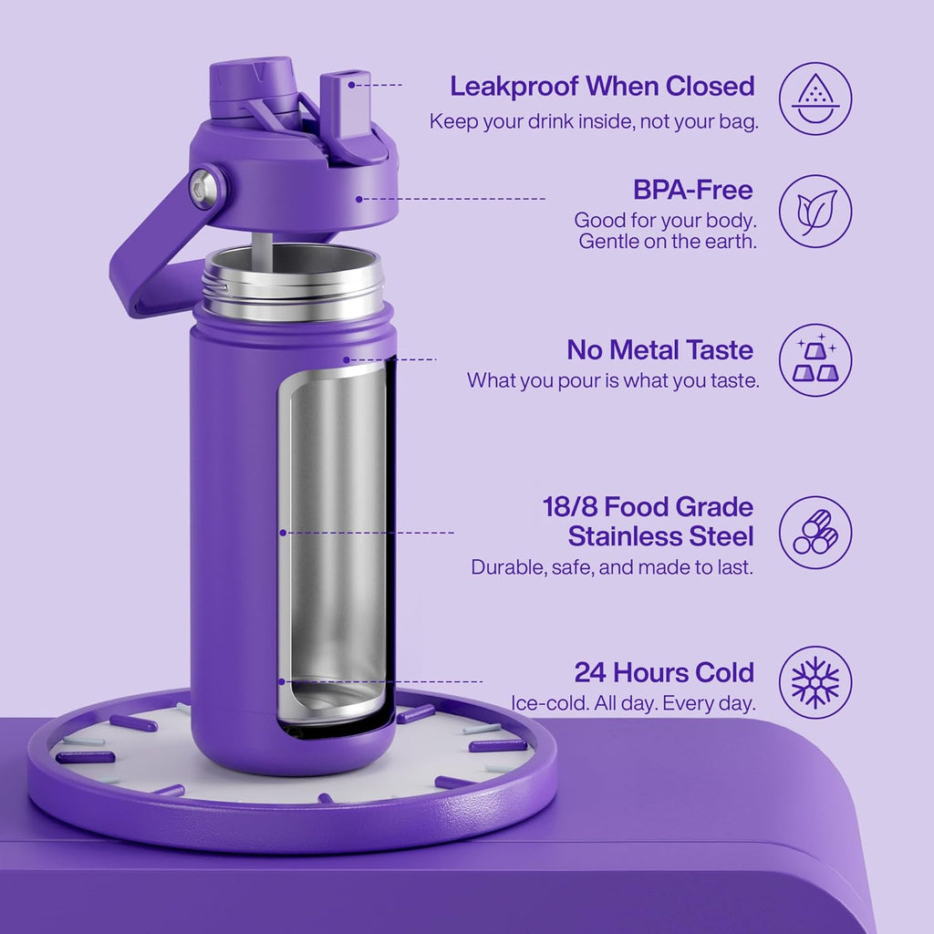 ENCOOL Insulated Water Bottle with Straw Stainless Steel Water Bottle, Leak-Proof, BPA-Free, Double Wall Vacuum Keeps Cold for 24 Hours for Sports, Travel, School (18 oz, Violet)