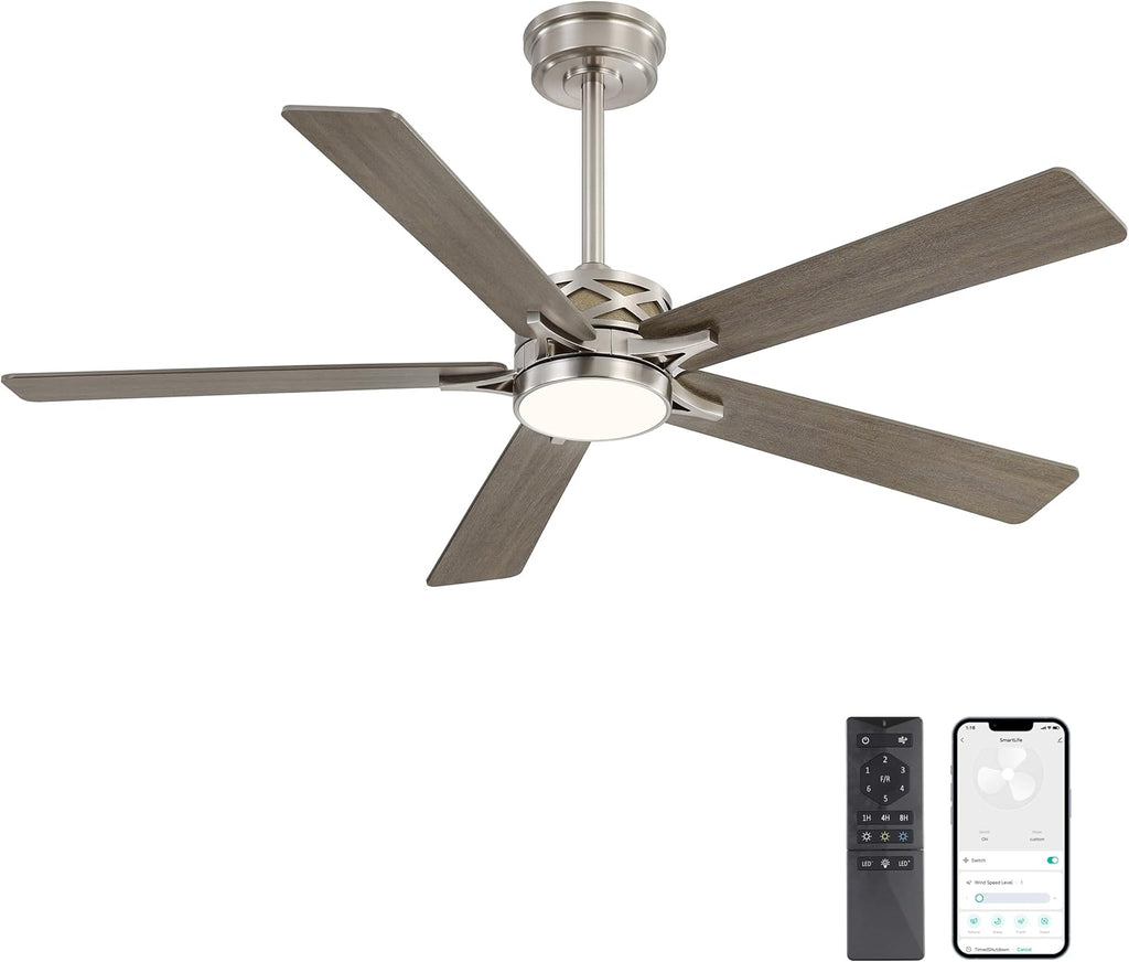 WINGBO 60" Smart Ceiling Fan with Lights and 3 Downrods, 5 Plywood Blades, 6 Speeds Reversible DC Motor, Works with Alexa and Google Assistant, 3CCT Dimmable LED Large Ceiling Fans, Nickel and Grey