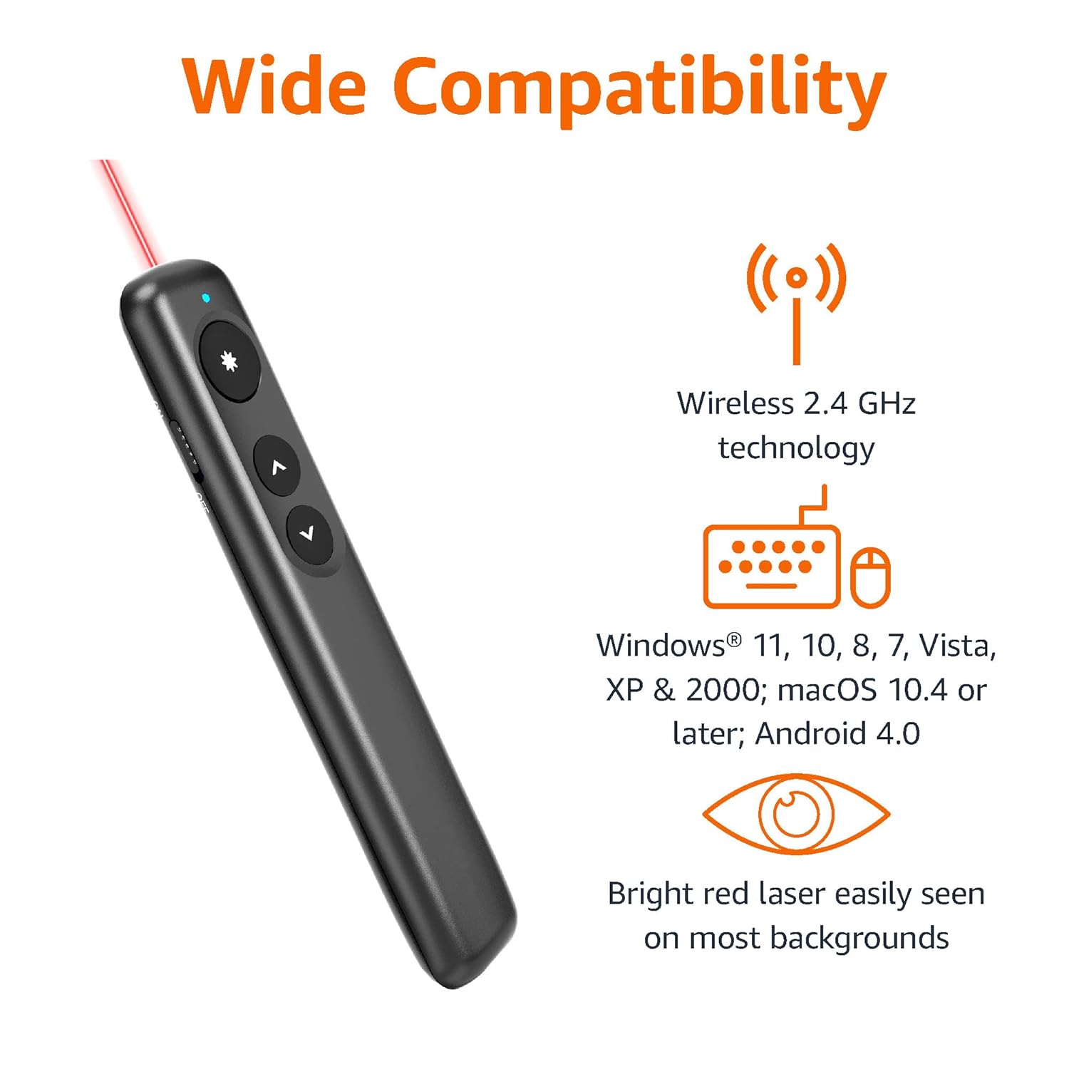 Amazon Basics Wireless Presenter, Red Laser, 2.4GHz, Battery Operated, Hyperlink
