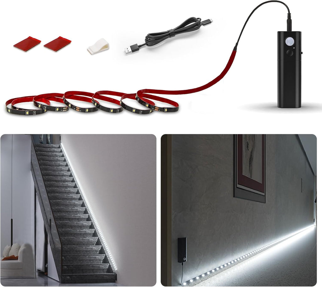 WOBANE LED Closet Light Motion Activated,Battery Powered Stick-on Anywhere,Homelife Motion Sensor Strip Lighting,Rechargeable Night Lights for Closet Hallway Stairway 6.56ft,6000K White,Black