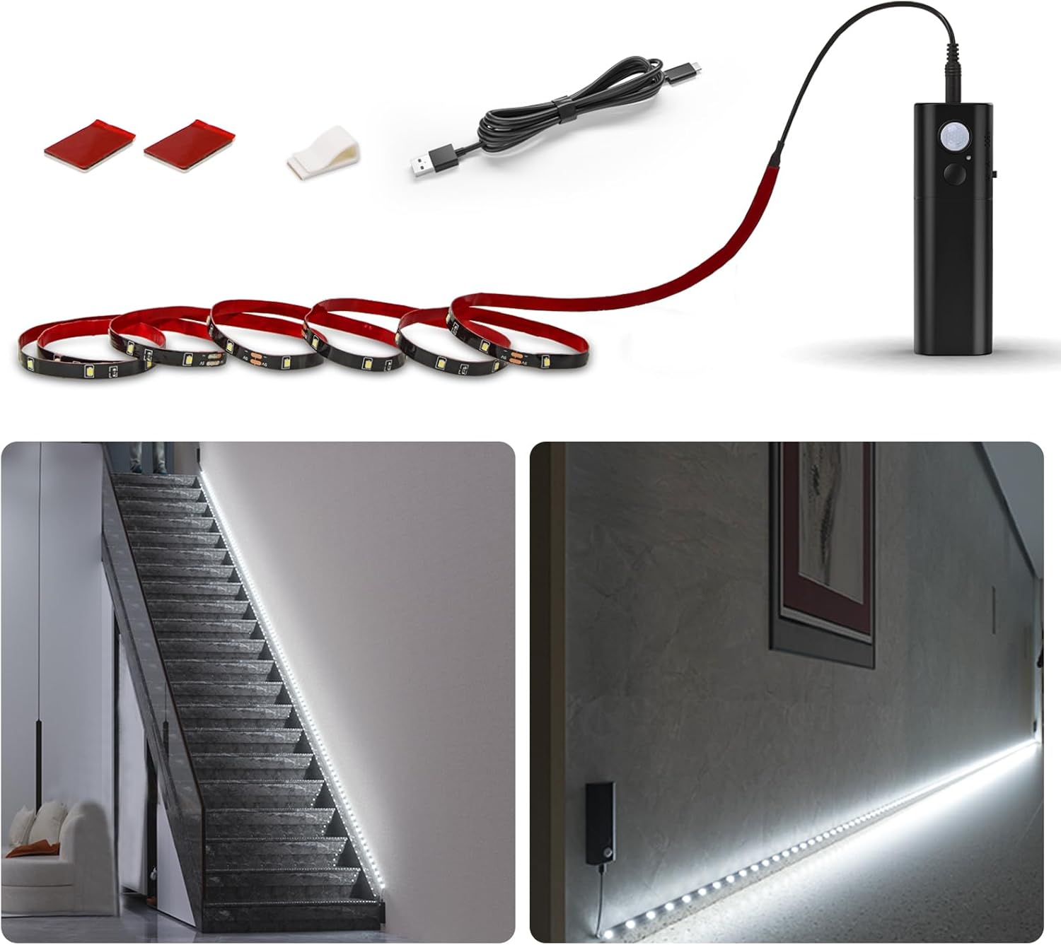 WOBANE LED Closet Light Motion Activated,Battery Powered Stick-on Anywhere,Homelife Motion Sensor Strip Lighting,Rechargeable Night Lights for Closet Hallway Stairway 6.56ft,6000K White,Black