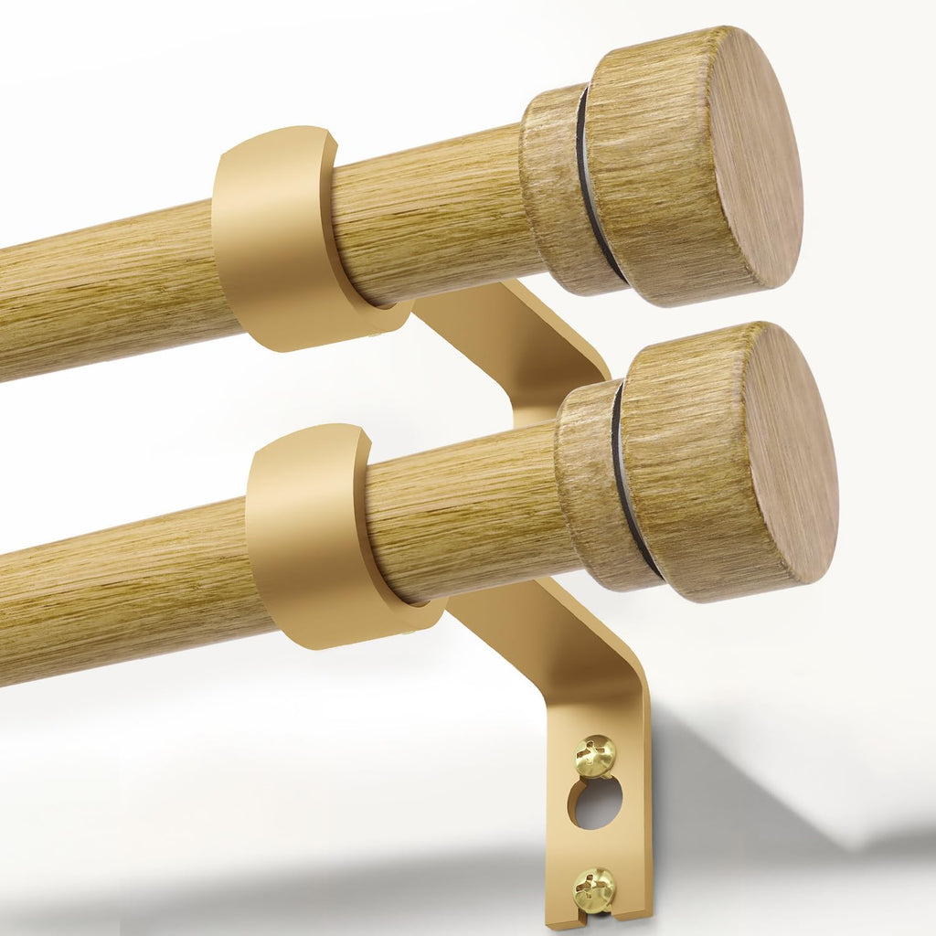 2 Pack Natural Light Wood Grain Curtain Rods for Windows 28 to 48 Inches 1" Diameter Heavy Duty Window Curtain Rod Adjustable with Solid Finials for Living Room Bedroom Kitchen Farmhouse Outdoor