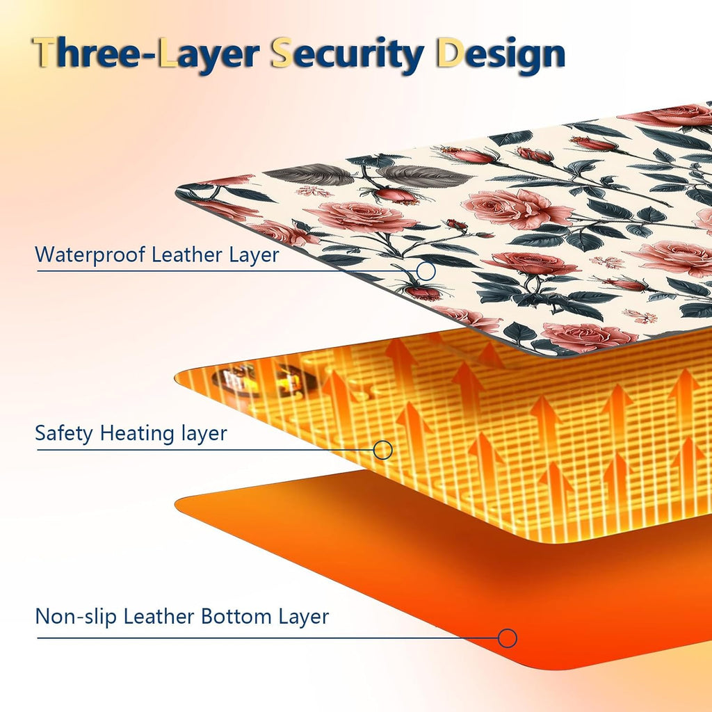 Heated Mouse Pad with 3 Temperature Settings(104°F–122°F),Large 24x14.2 Inch PU Leather Heated Desk Mat,Waterproof Warming Pad for Office,Gaming & Cold Hands Relief,Retro Flowers
