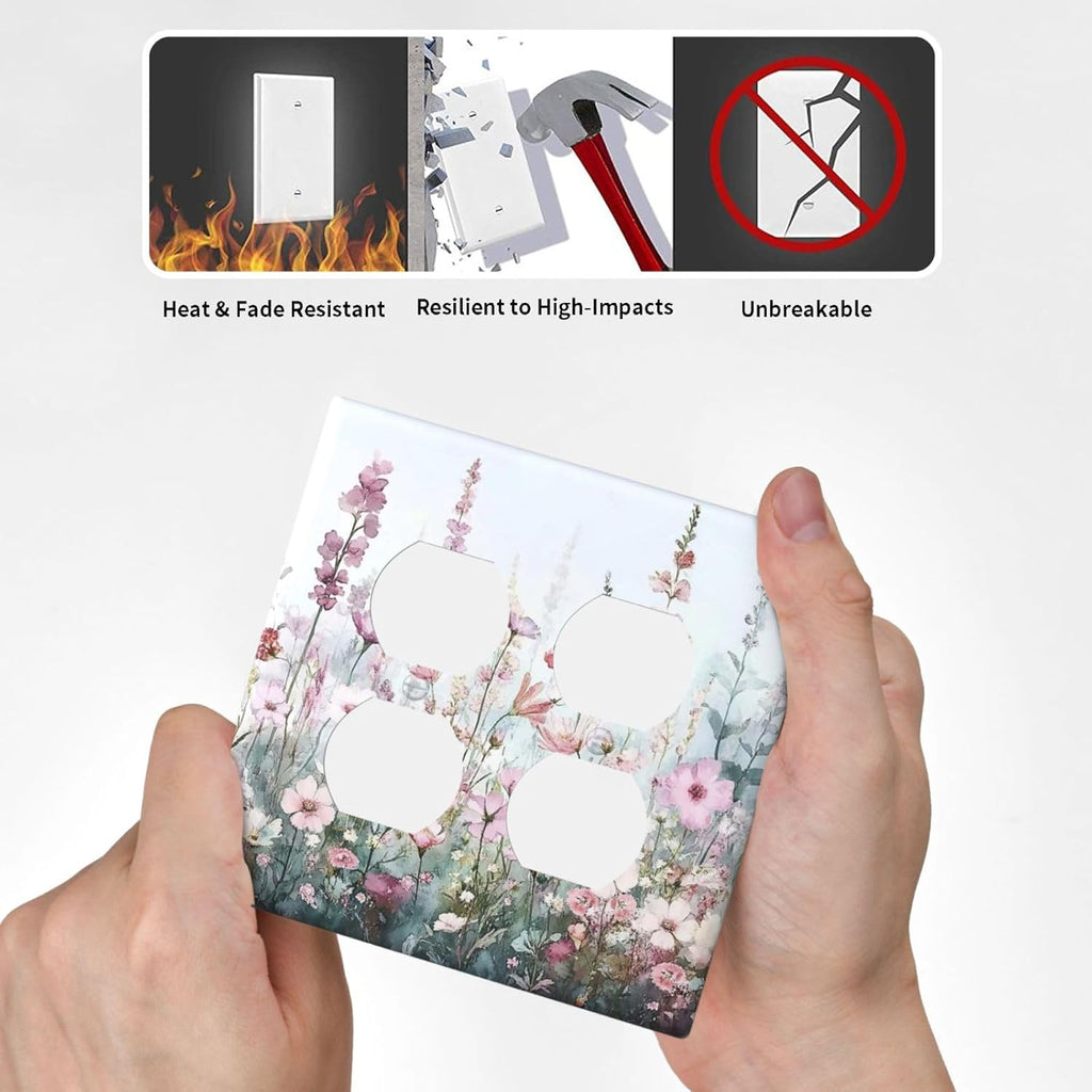 Pink Floral Watercolor Botanical Wildflowers Outlet Covers 2 Gang Double Duplex Decorative Light Switch Covers Electrical Wallplates Socket Faceplate For Bed Room Living Room Decor
