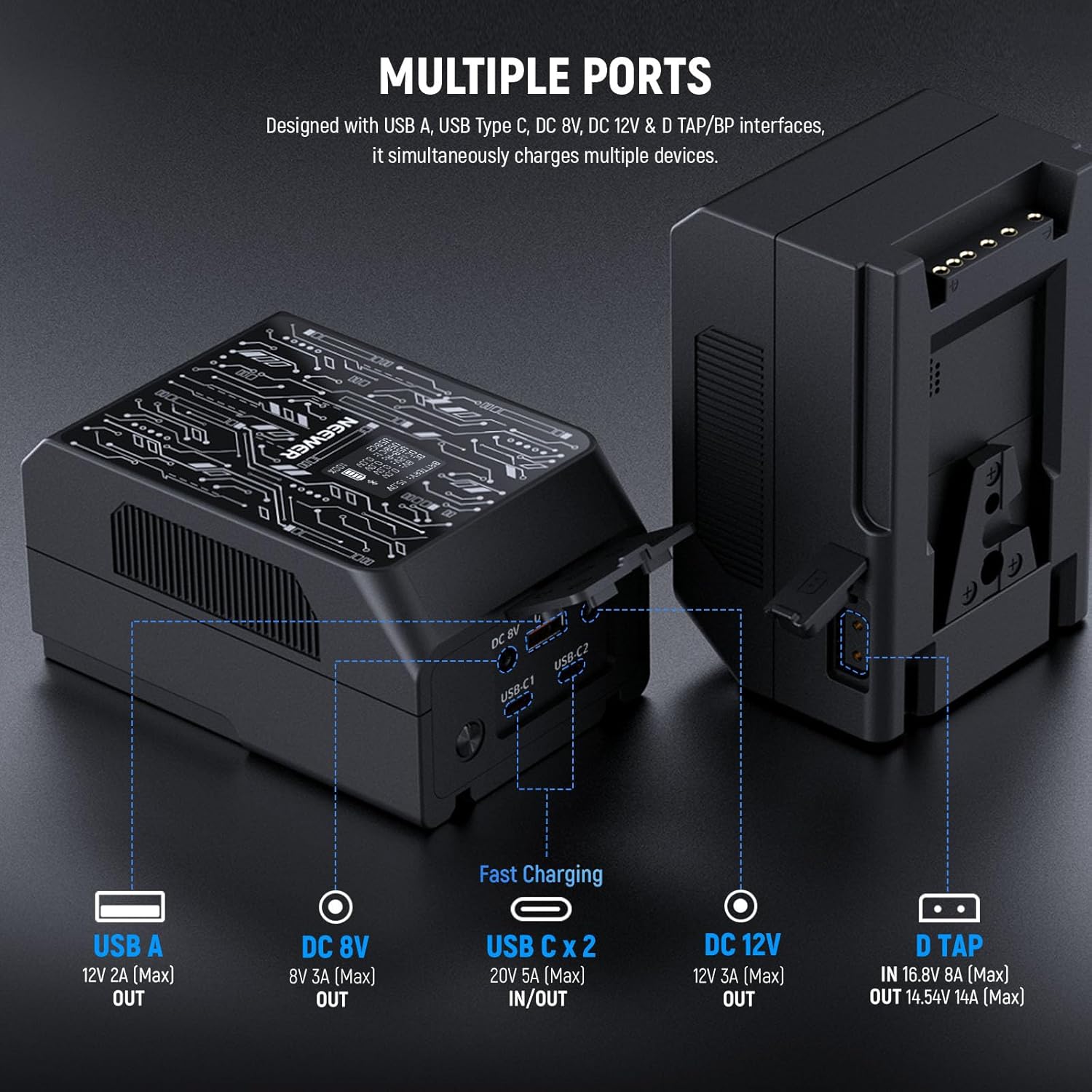 NEEWER Smart Mini V Mount Battery NEEWER APP Control, 6800mAh 99Wh 14.5V with 100W PD Fast Charging, OLED, Dual USB C/D Tap/BP/USB A/Dual DC Ports, Compatible with BMPCC 4k 6k Camcorder Camera, PS099S