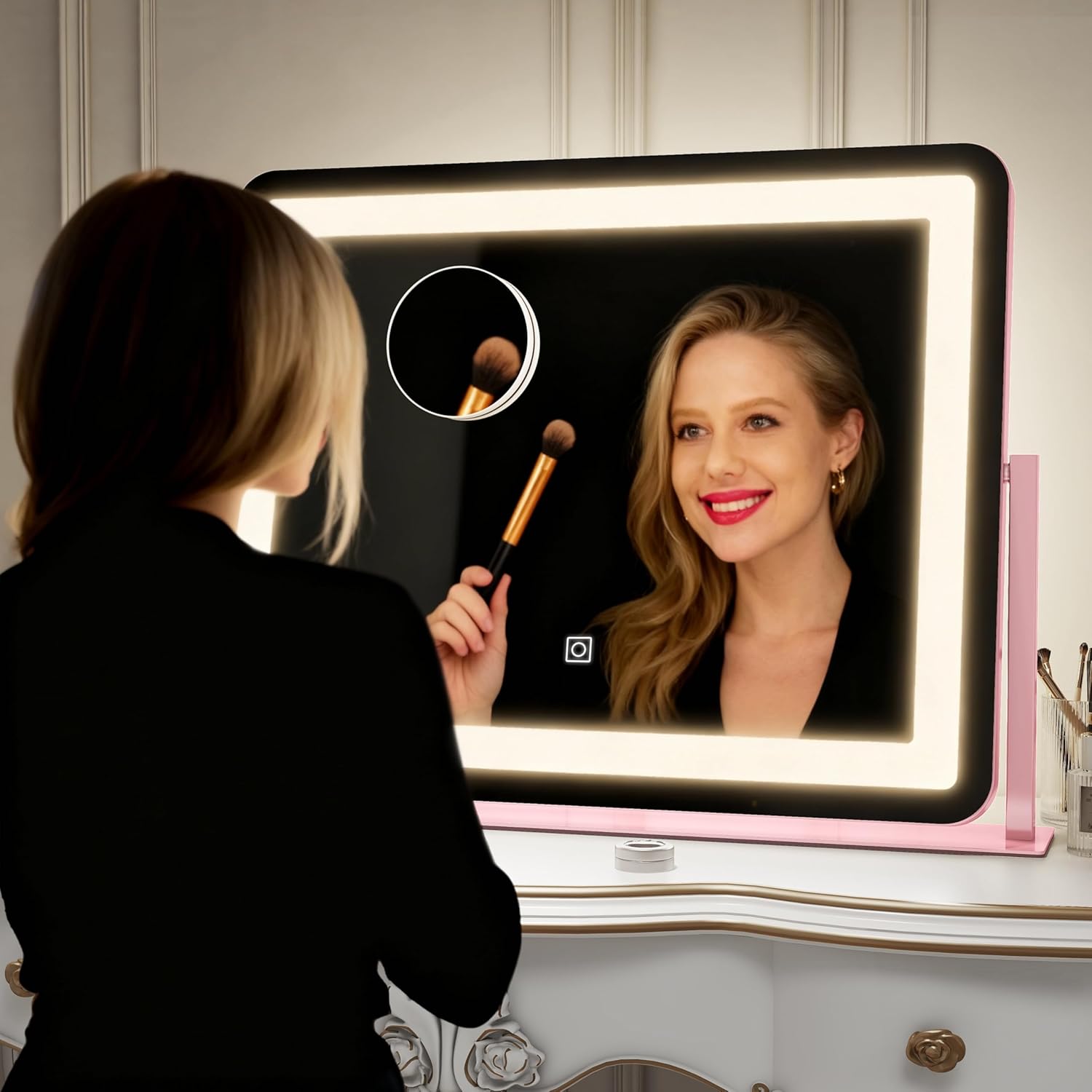 ROLOVE 22x17 Inch Pink Vanity Mirror with Lights，Dimmable LED Lights，3 Color Modes, Smart Touch Control，10X Magnification，Light up Makeup Mirror for Desk, Gift for Teen Girls