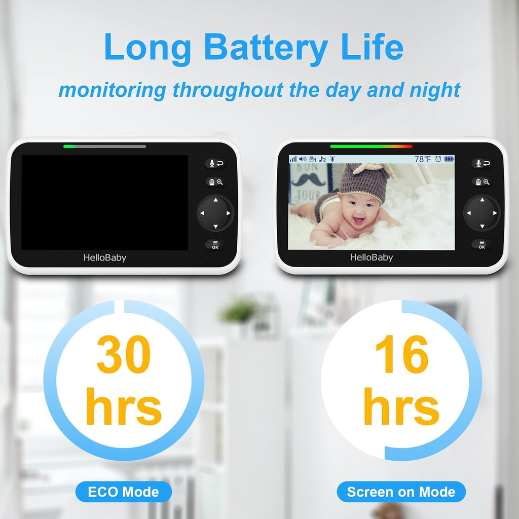 HelloBaby Upgrade 5’’ Baby Monitor with 30-Hour Battery, 2 Cameras Pan-Tilt-Zoom, 1000ft Range Video Audio Baby Monitor No WiFi, VOX, Night Vision, 2-Way Talk, 8 Lullabies and Temperature