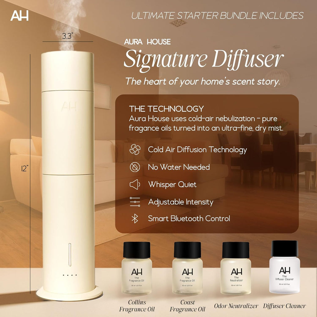 Aura House Ultimate Diffuser Kit – Smart Bluetooth Cold-Air Diffuser with Fragrance Oils, Cleaner & Neutralizer – Complete, Effortless Home Scent System