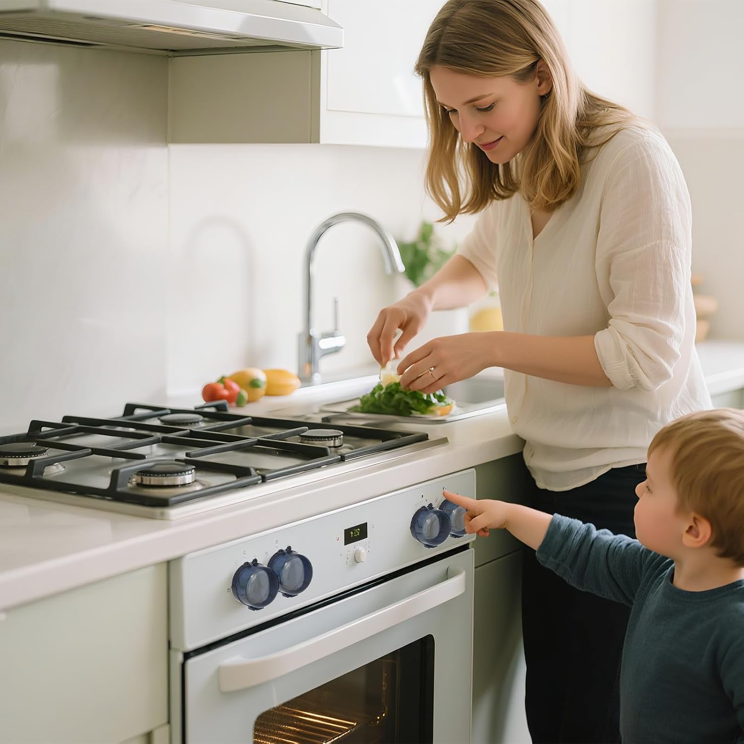 Stove knob Safety Covers for Child Upgraded Unlock Universal Size with Adult Two-Finger, Dual-Key Press Gas Stove Knob Locks Water Resistant Oil Resistant and High Temperature Resistant（5+1 Pack.）