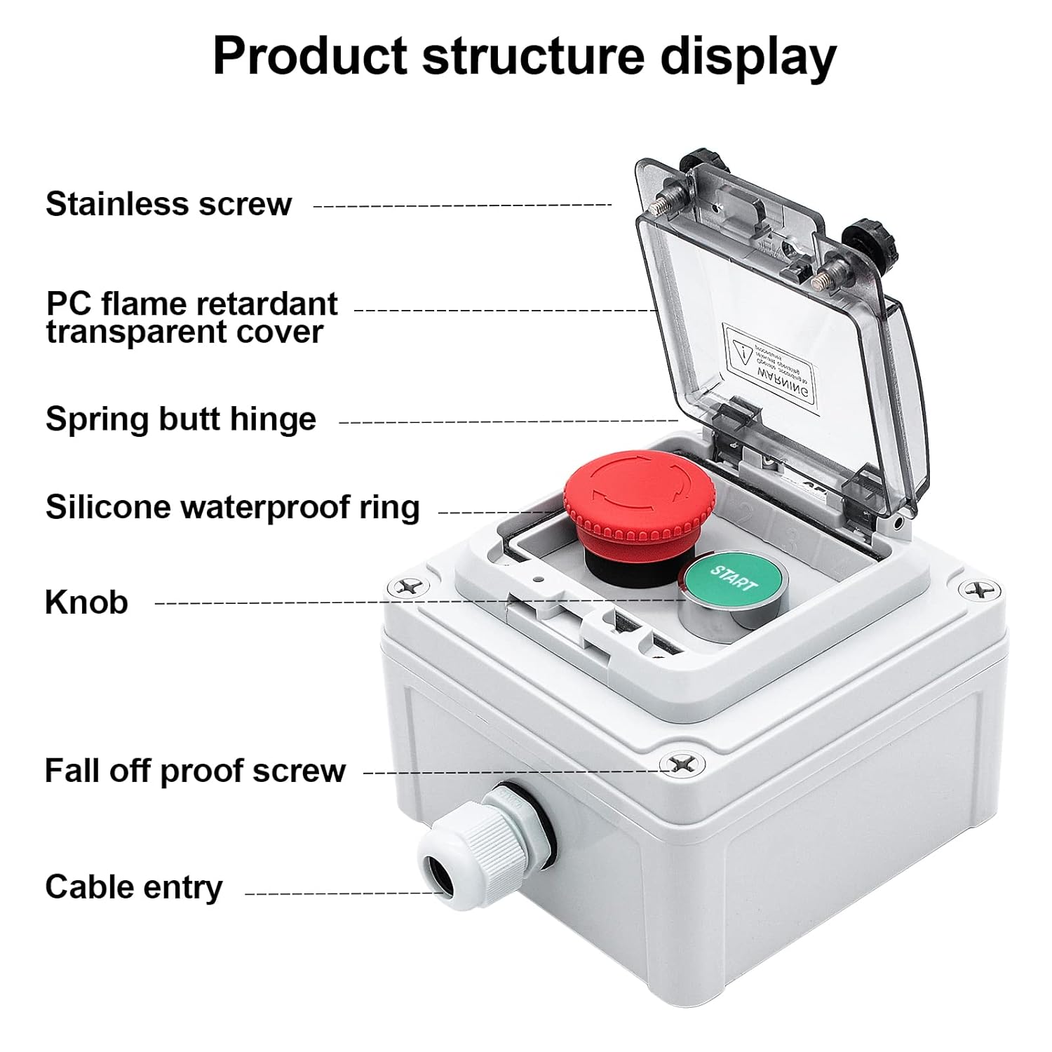 IP67 Outdoor Waterproof Box 2 Push Button (Letter) Emergency Stop Button Momentary Push Button Button with Protective Cover Anti-misoperation Switch(AC/DC 6A-110V/3A-240V/2.5A-380V)
