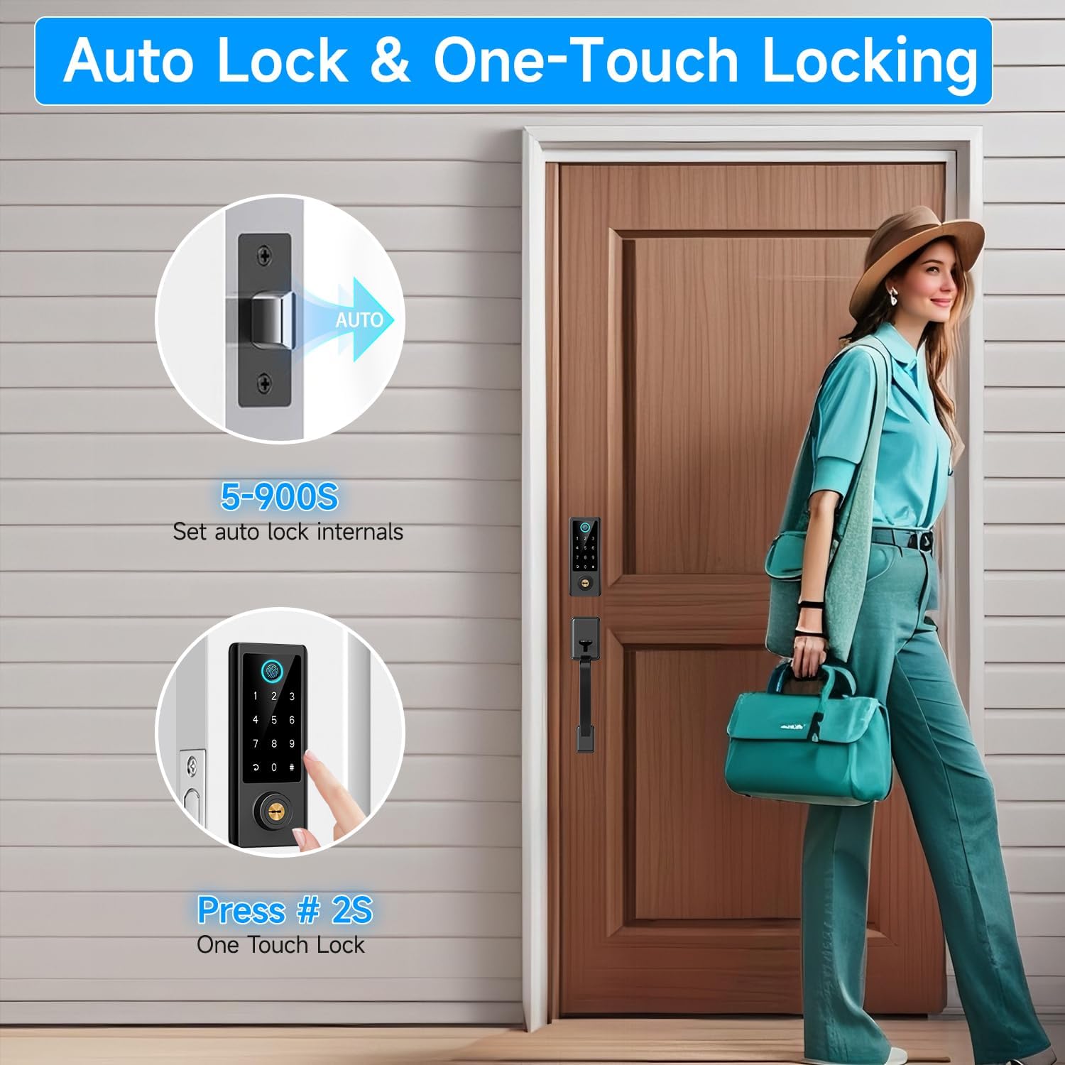 BEBASIA Fingerprint Door Lock for Front Door with Handle Set, App Control, Smart Keyless Entry Digital Electronic Keypad Touchscreen Deadbolt, Easy Install, Auto Lock, Black