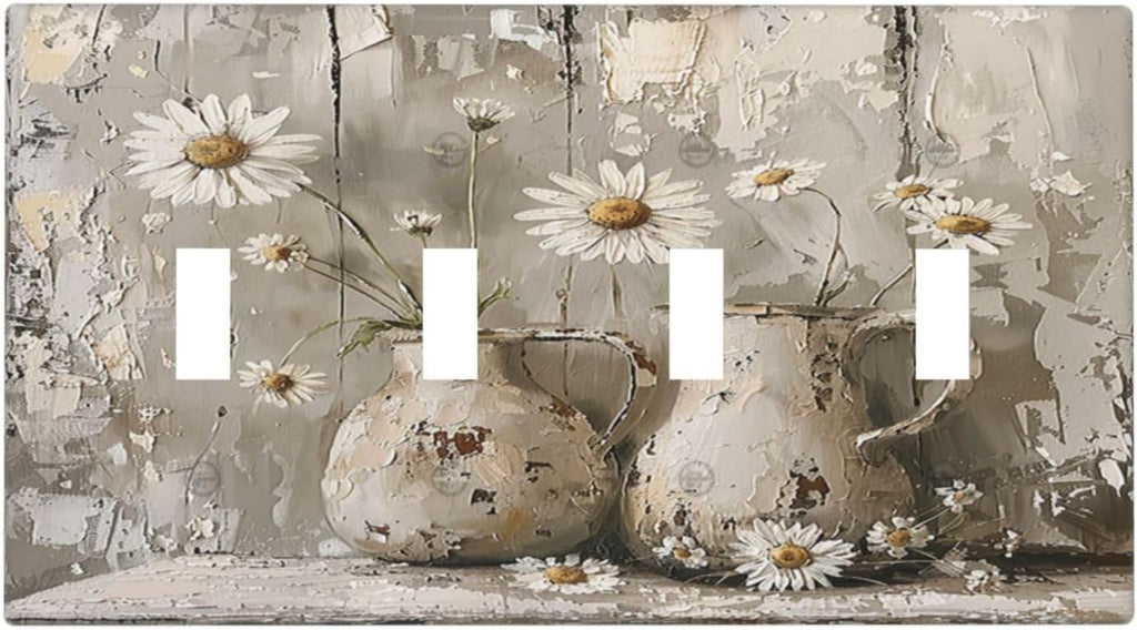 Light Switch Covers Vintage Rustic Floral White Daisy Flower Oil Painting Style Quad Toggle Electrical Faceplate 4 Gang Wall Plate Decorative Switch Plates for Home Farmhouse Decor