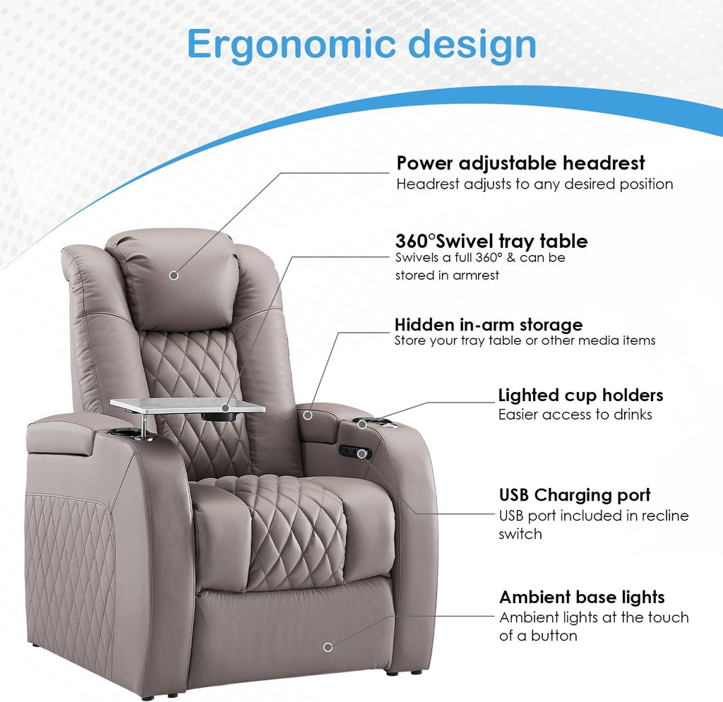 Weilianda Home Theater Seating Top Grain Leather Zero Gravity Recliner Chair Power Headrest Recline Movie Seat Gaming 7 Colors Mood Light Sofa with Tray Table USB Charge Row of 5 Grey