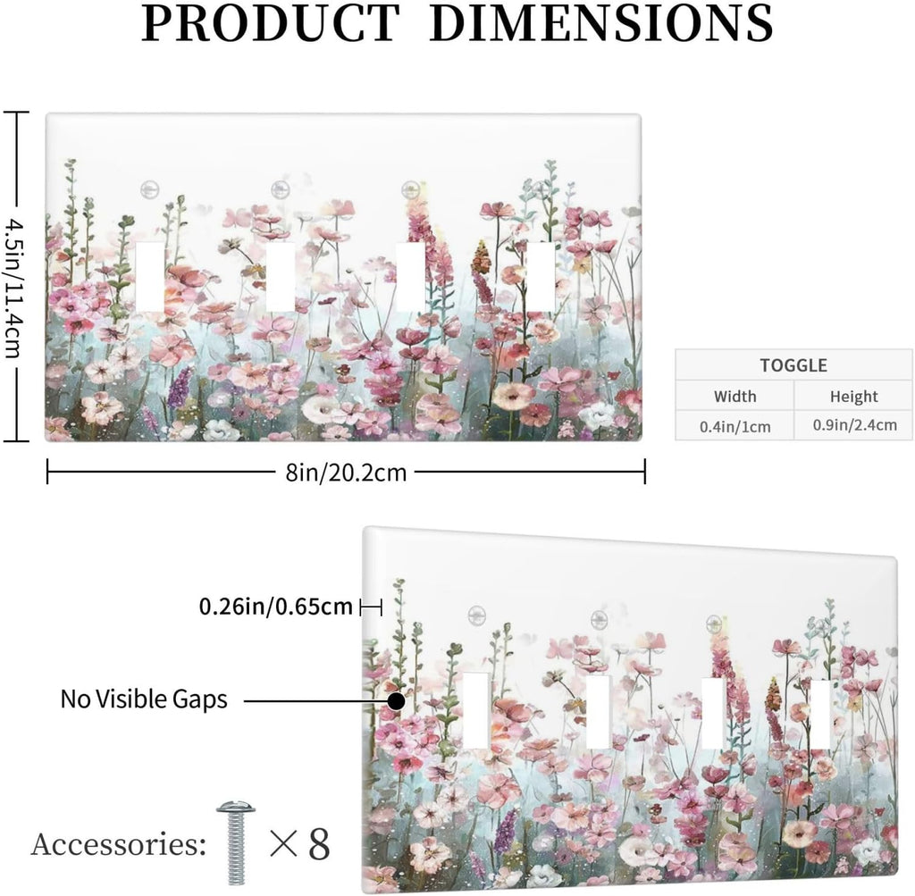 Colorful Flowers Pink Floral Watercolor Plant Light Switch Covers Quad Toggle Electrical Faceplate 4 Gang Wall Plate Decorative Switch Plates for Bed Room Living Room Decor