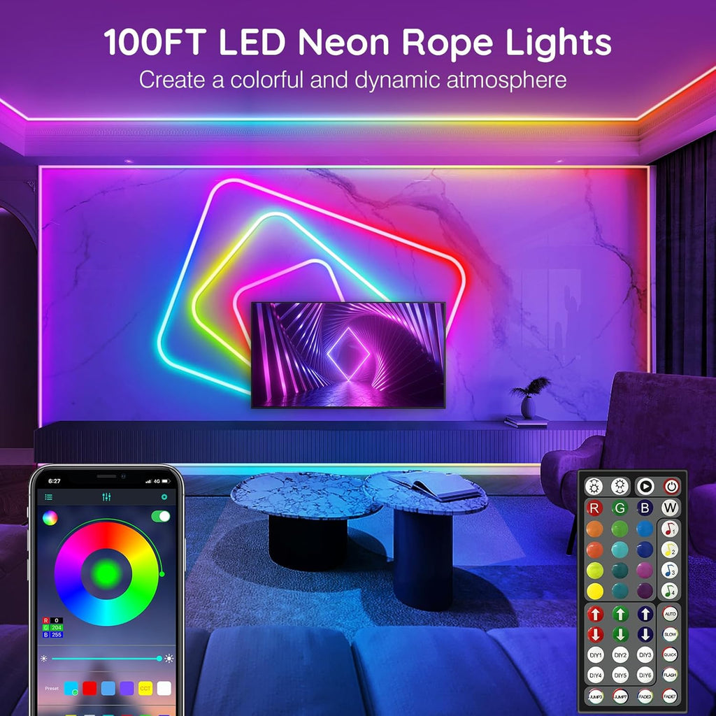 AILBTON 100Ft Neon Rope Lights,Flexible Led Rope Lights Control with App/Remote,Multiple Modes Rope Lights,IP65 Outdoor RGB Led Neons Lights,Music Sync Gaming Led Neon Light Strip for Bedroom Decor
