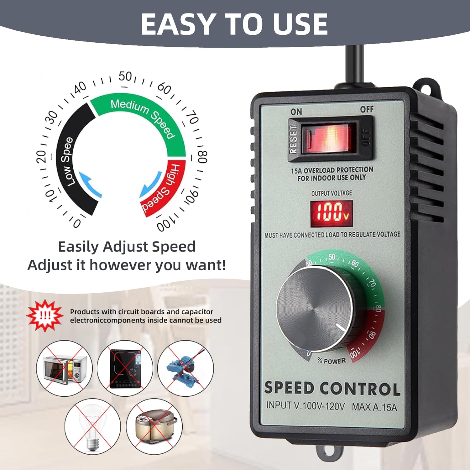 AC Motor Speed Controller 120V 15A, Variable Fan Speed Controller with LED Digital Display, Electronic Voltage Regulator for Electric Motors, Adjustable Speed Control with Overload Protection