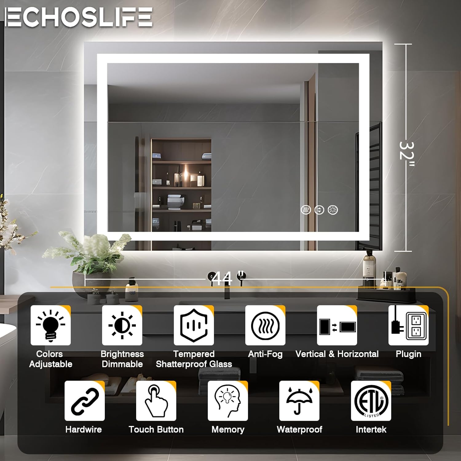 44"x32" Bathroom Mirror with LED Lights, Front & Backlit, Anti-Fog, Dimmable, Waterproof & Corrosion Proof (Horizontal/Vertical)