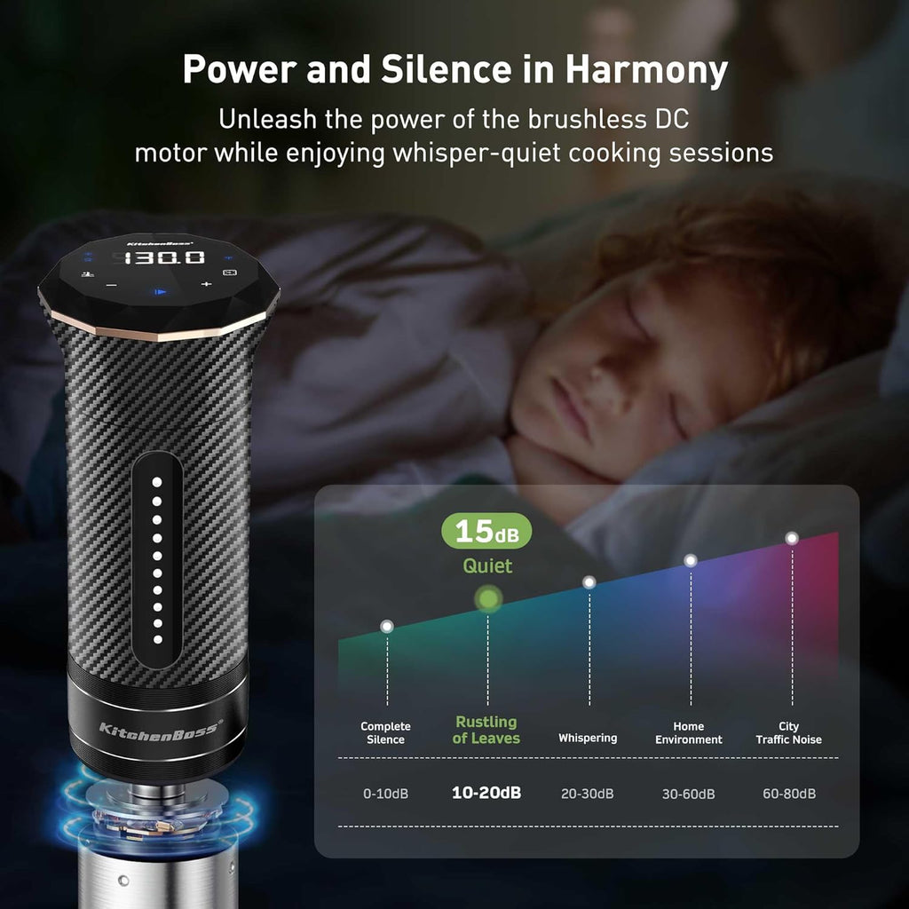 KitchenBoss Wifi Sous Vide Cooker: Ultra-quiet Sous Vide Machine Immersion Circulator APP Control, IPX7 Waterproof All-stainless Steel 1100W Sous Vide Precision Cooker Fast-Heating, Carbon Black