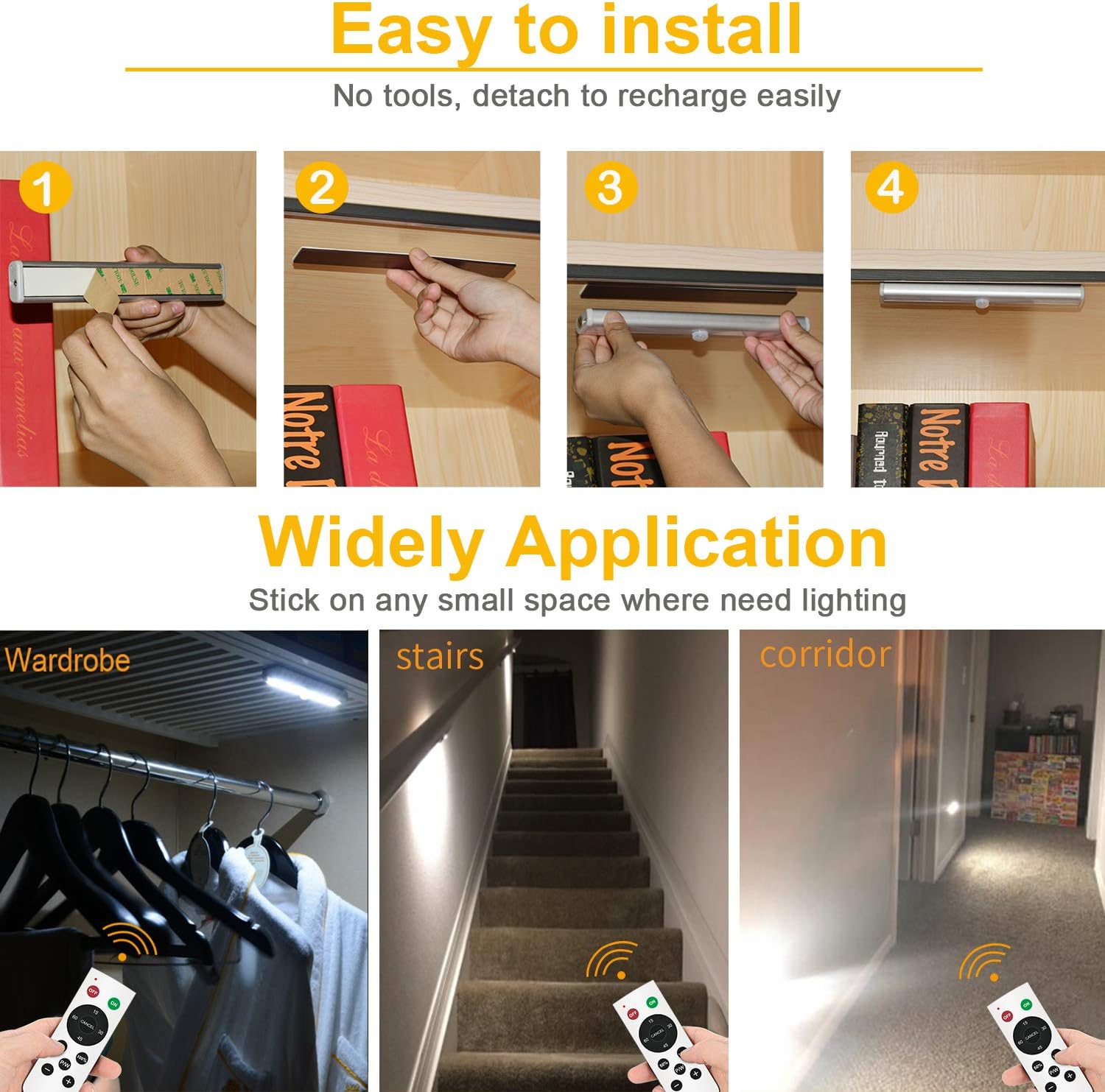 Remote Control Under Cabinet Lighting Wireless 6 Pack, 20-LED Dimmable Closet Lights Rechargeable Under Counter Light, Stick on Touch Night Light Strip Bar for Kitchen Stairway Bedroom, 3 Colors