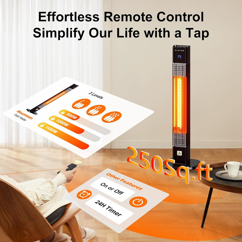 1500W Outdoor Heater,Patio Heater with Remote, 3 Heat Levels, 24H Timer, Carbon Fiber Heating Tube, Tip-Over & Overheat Protection, Electric Space Heaters for Indoor,Outdoor,Garage,Backyard