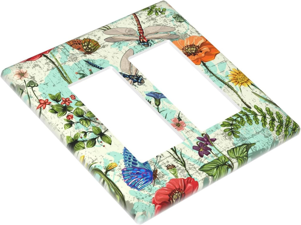 Dragonflies Flowers Butterfly 2 Gang Double Rocker Outlet Light Switch Cover Decorative Wall Plate Cover For Home Living Bedroom Kitchen Decorative