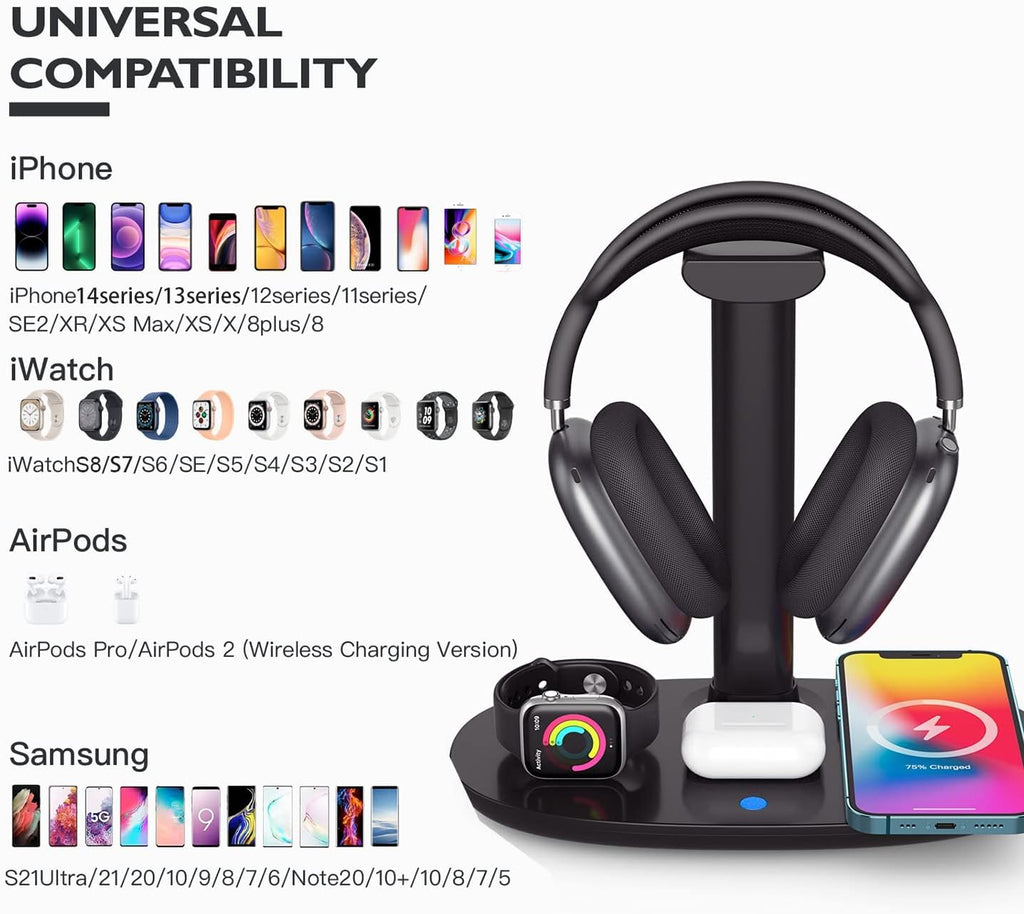 Headphone Stand with 15w Wireless Charger, Suguder 4 in 1 Charging Station Headset Holder for AirPods Max/Pro/4/3/2 iWatch 10/9/8/7/6/5/4/3/2/1/SE iPhone 17/16/15/14/13/12/11/X for Desktop Table Game