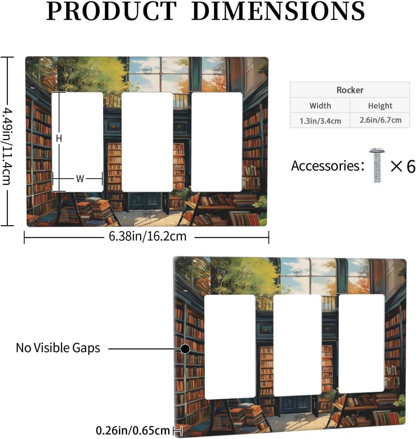 Library With A Lot Of Books 3 Gang Rocker Triple Outlet Wall Plate Decorative Switchplate Cover Faceplate GFCI Light Switch Covers for Farmhouse Living Decor