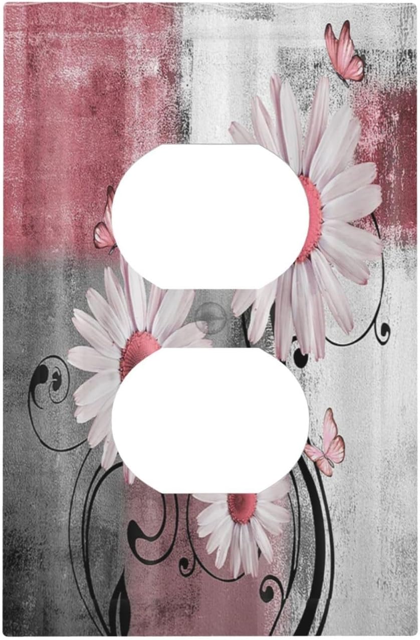 Outlet Covers Pink Floral Rustic Daisy Flower And Butterfly 1 Gang Duplex Electrical Receptacle Faceplate Light Switch Cover Wall Plate Decorative Switch Plates for Farmhouse Cabin Decor