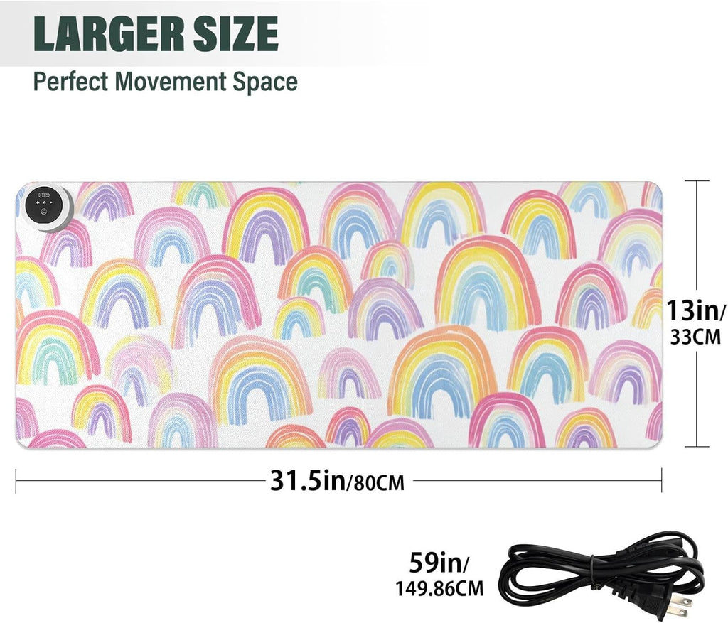 Heated Desk Pad Mouse Pad 31.5x13 Inch PU Leather Desk Mat with 3 Heat Levels Large Mouse Gaming Computer Laptop Mat Gradient Cute Rainbows