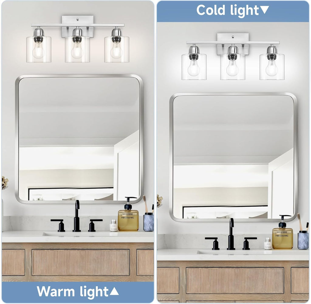 Modern Brushed Nickel 3 Light Bathroom Light Fixtures,19 inch Vanity Lights for Bathroom with Clear Glass Over Mirror for Mirror Kitchen Living Room