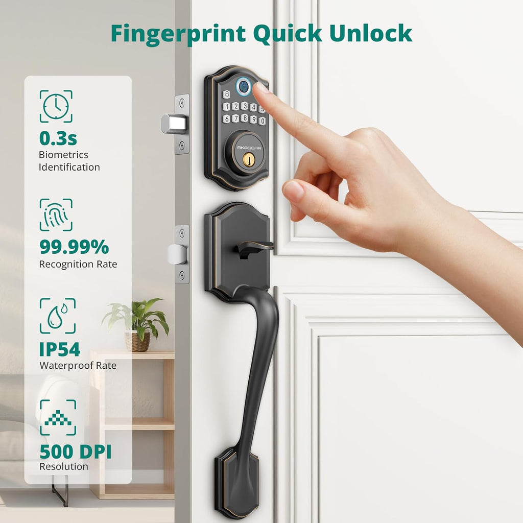 DS10 Keyless Entry Door Lock with Handle Set - Fingerprint Deadbolt, Electronic Keypad Deadbolt, Smart Locks for Front Door, Auto-Lock & One Touch Locking - Oil Rubbed Bronze