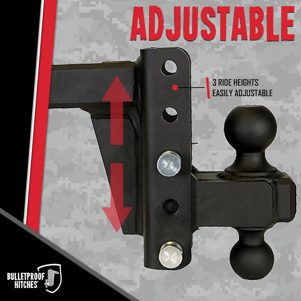 BulletProof Hitches - 2.0" Adjustable Heavy Duty Trailer Hitch (22,000 lb. Rating) - 4" Drop/Rise Trailer Hitch with 2" & 2-5/16" Dual Ball - Powder Coat, Solid Steel, Corrosion-Resistant