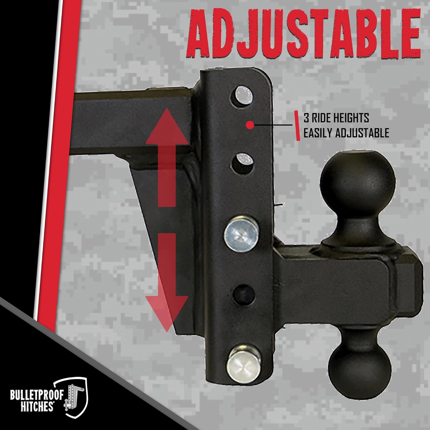 BulletProof Hitches - 2.0" Adjustable Heavy Duty Trailer Hitch (22,000 lb. Rating) - 4" Drop/Rise Trailer Hitch with 2" & 2-5/16" Dual Ball - Powder Coat, Solid Steel, Corrosion-Resistant