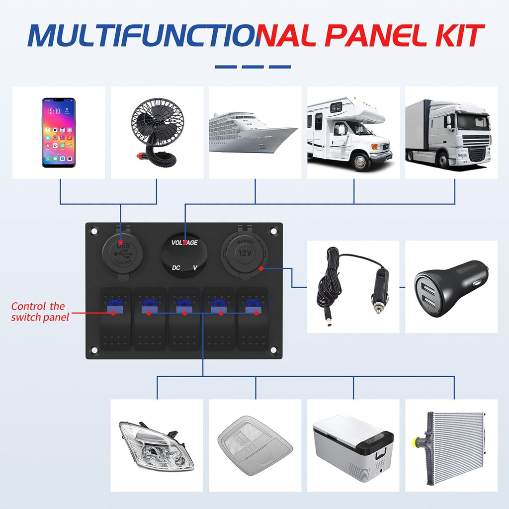 Marine Switch Panel Waterproof 12 Volt 5 Gang Rocker Switch Panel Blue Lighted with Dual USB Socket 4.8A & 12V LED Voltmeter & Cigarette Lighter Socket for Marine Boat Car RV Truck