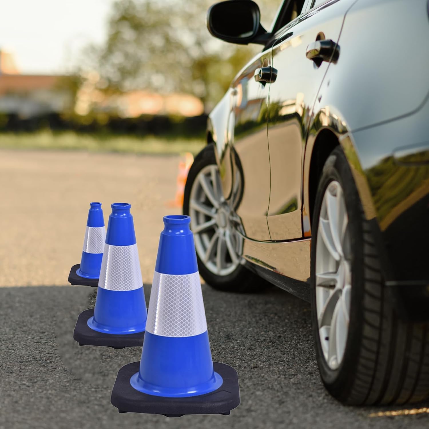 4 Pack 12 Inch Blue PVC Traffic Cones Black Base, Sport Training Cones for Soccer Drills, Kids Outdoor Play, Indoor Gym Activities (4, Blue, 12 Inch)