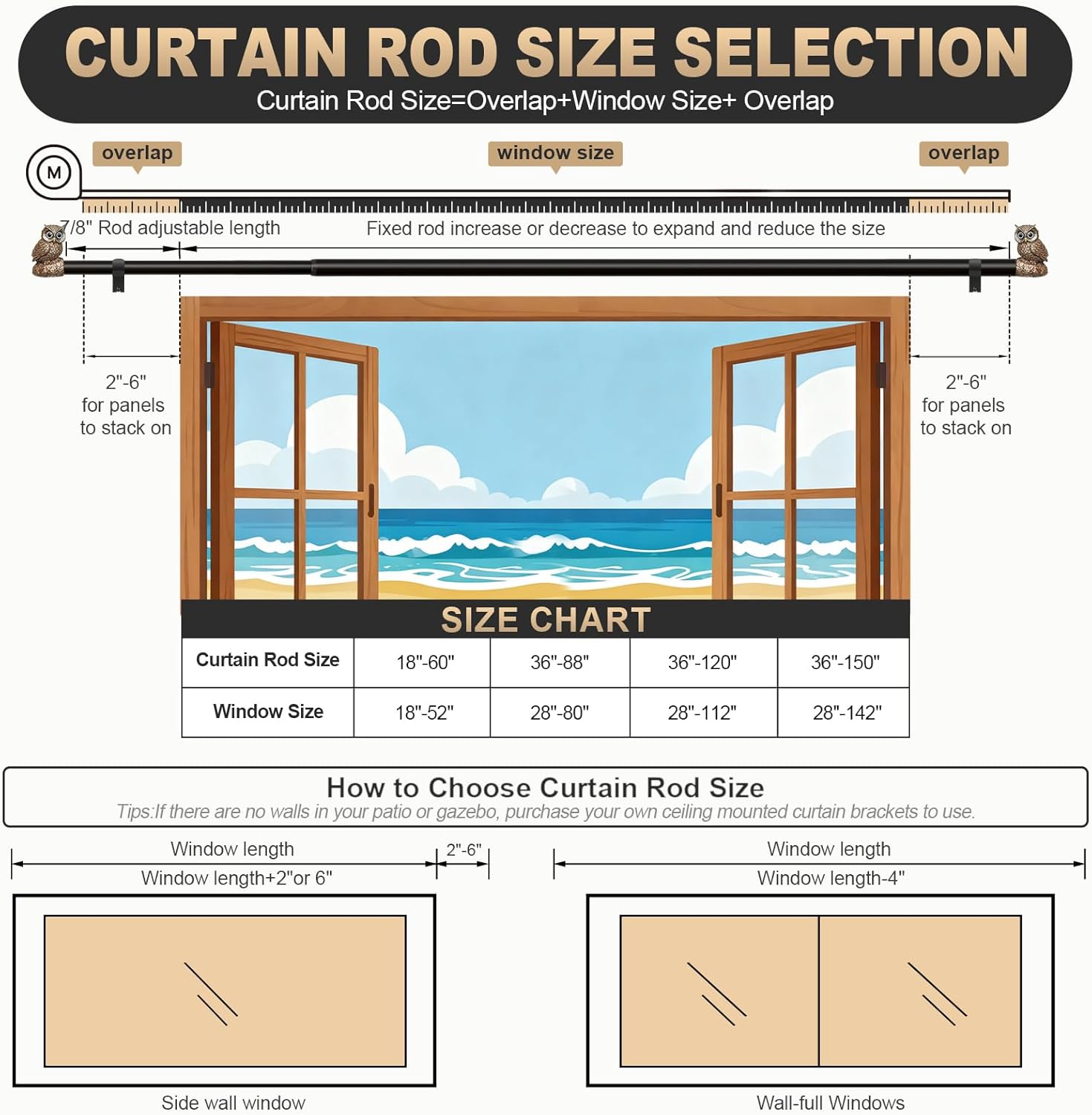Vintage Decorative Black Curtain Rods for Windows 28 to 48 Inch Adjustable Heavy Duty 1'' Diameter Curtain Rod with Owl Finials for Bedroom Living Room Kitchen Farmhouse (18-60'')
