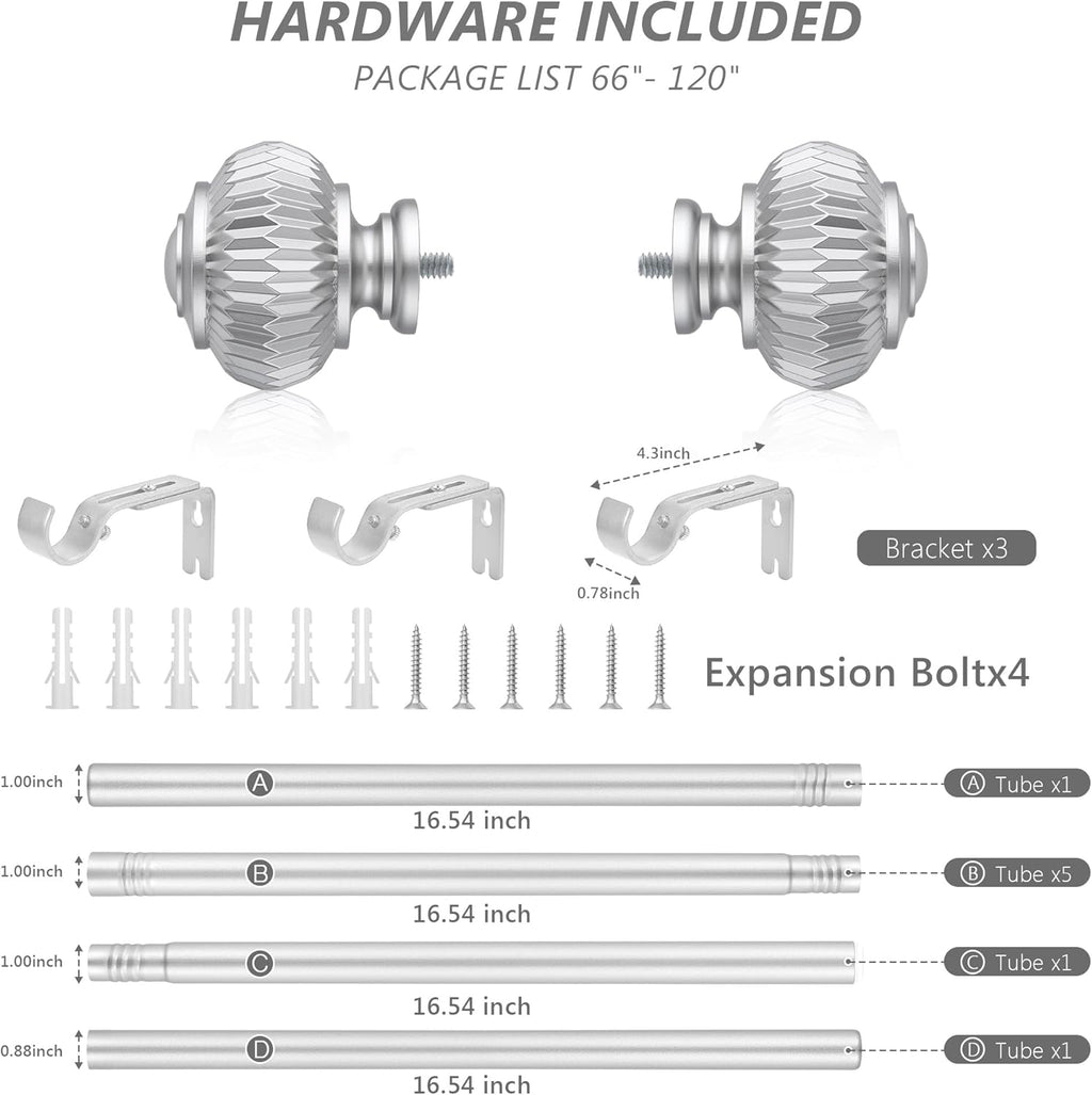 Silver Curtain Rods for Windows 66 to 120 Inches 1 Inch Adjustable Heavy Duty Curtain Rods with Lantern Ball Finials,Window Treatment Single Curtain Rod Set