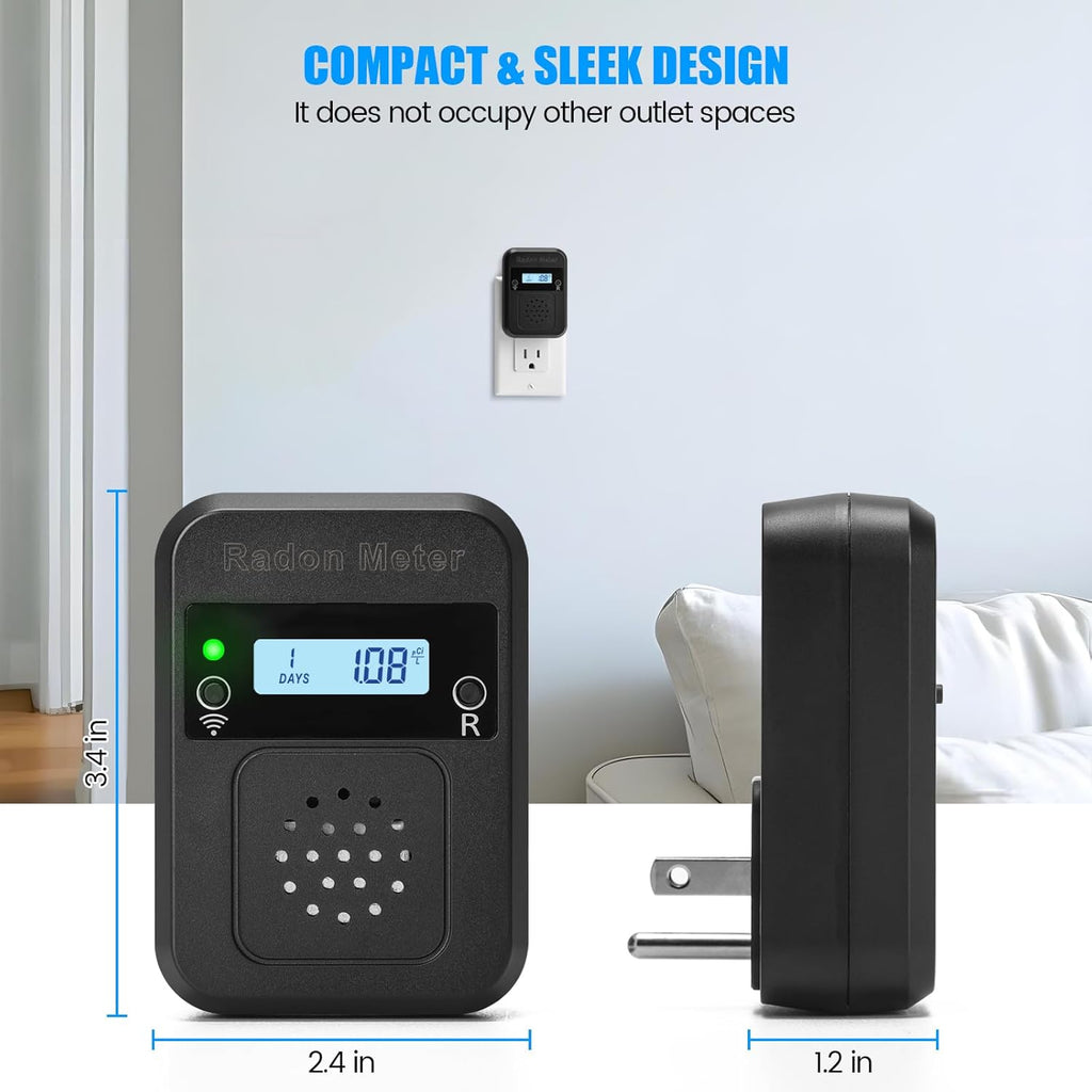 WiFi Home Radon Detector, Portable Radon Meter with Real-Time Short & Long-Term Monitoring, Plug-in Design, Instant Alerts & App Control