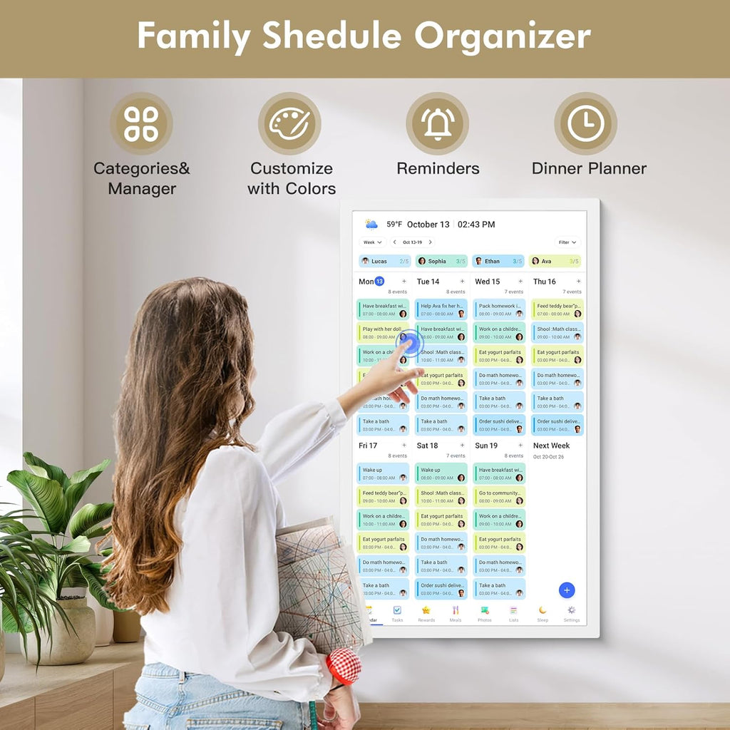 27”Smart Digital Calendar Family Meal Wall Planner - Touchscreen Interactive Calendar, Dual Mode Smart Calendar and Photo Frame, To-do Organizer, Reward System, Sync Online Calendars, Wall Mounted