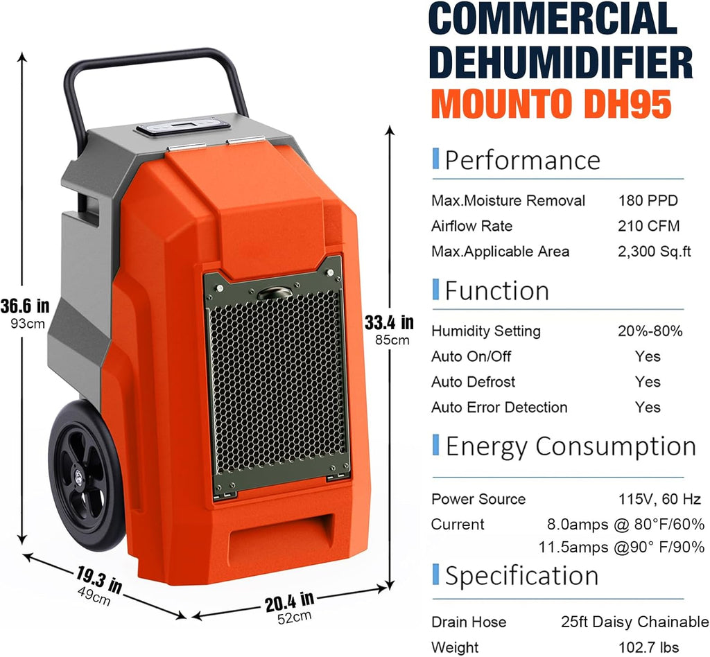 MOUNTO 180Pints LGR Industrial Dehumidifier with Pump and Drain Hose, Portable Commercial Dehumidifier with Wheels for Home, Basements, Garages, and Job Sites (Orange)