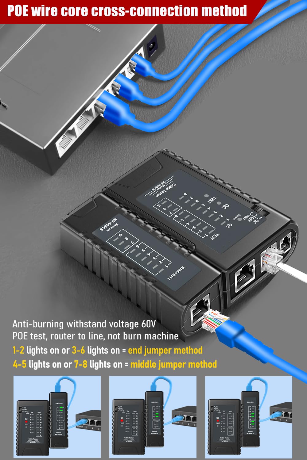 NF-468CS Network Cable Tester - Ethernet Tester, Cable Mapper with Continuity Test, Suitable for RJ45/RJ11/RJ12/POE/CAT3/CAT5/CAT5E/CAT6/CAT6A, UTP/STP, LAN and Telephone Line Testing Tool