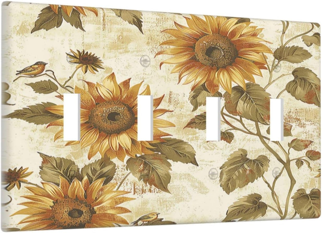 Light Switch Covers Rustic Sunflower Floral Pattern Quad Toggle Electrical Faceplate 4 Gang Wall Plate Decorative Switch Plates for Bedroom Cabin Decor