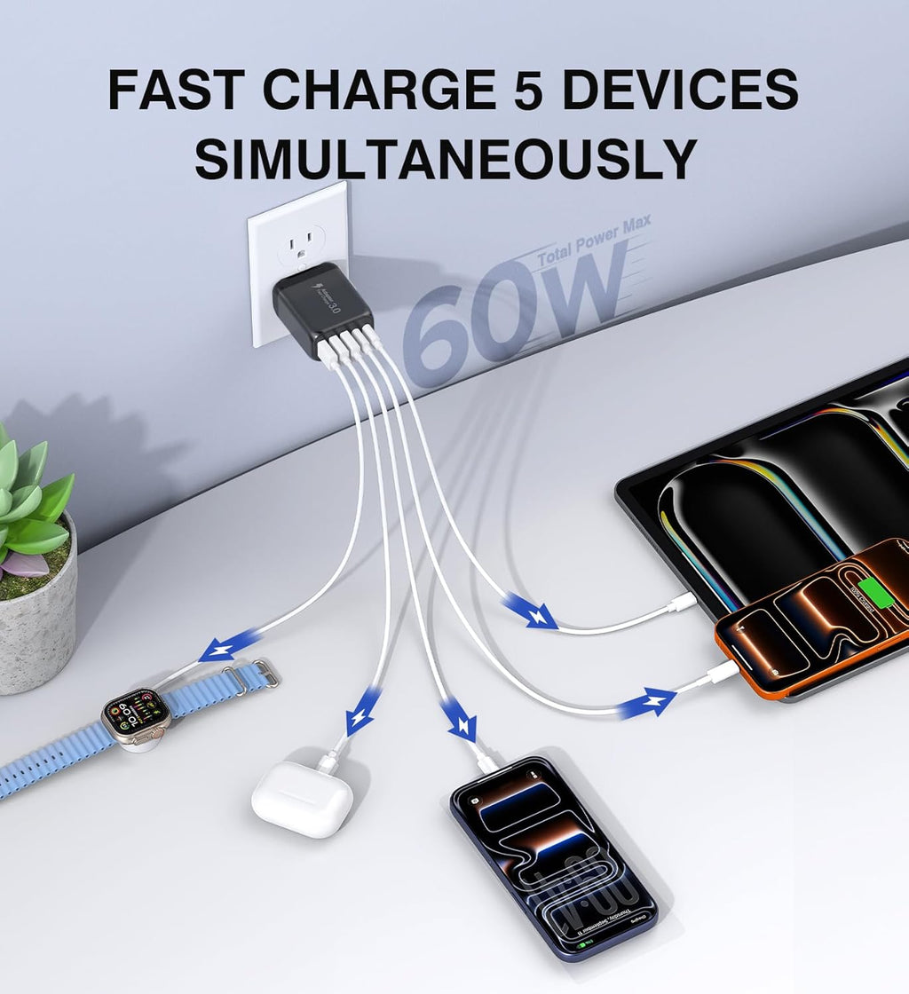 60W USB C Wall Charger Block, 2Pack 5-Port C Charger Fast Charging Block PD Power Adapter+QC 3.0 Multiport Type C Box Brick Cube USB A Wall Plug for iPhone 15/16/17 Pro Max Plus, iPad,Galaxy S24/S23