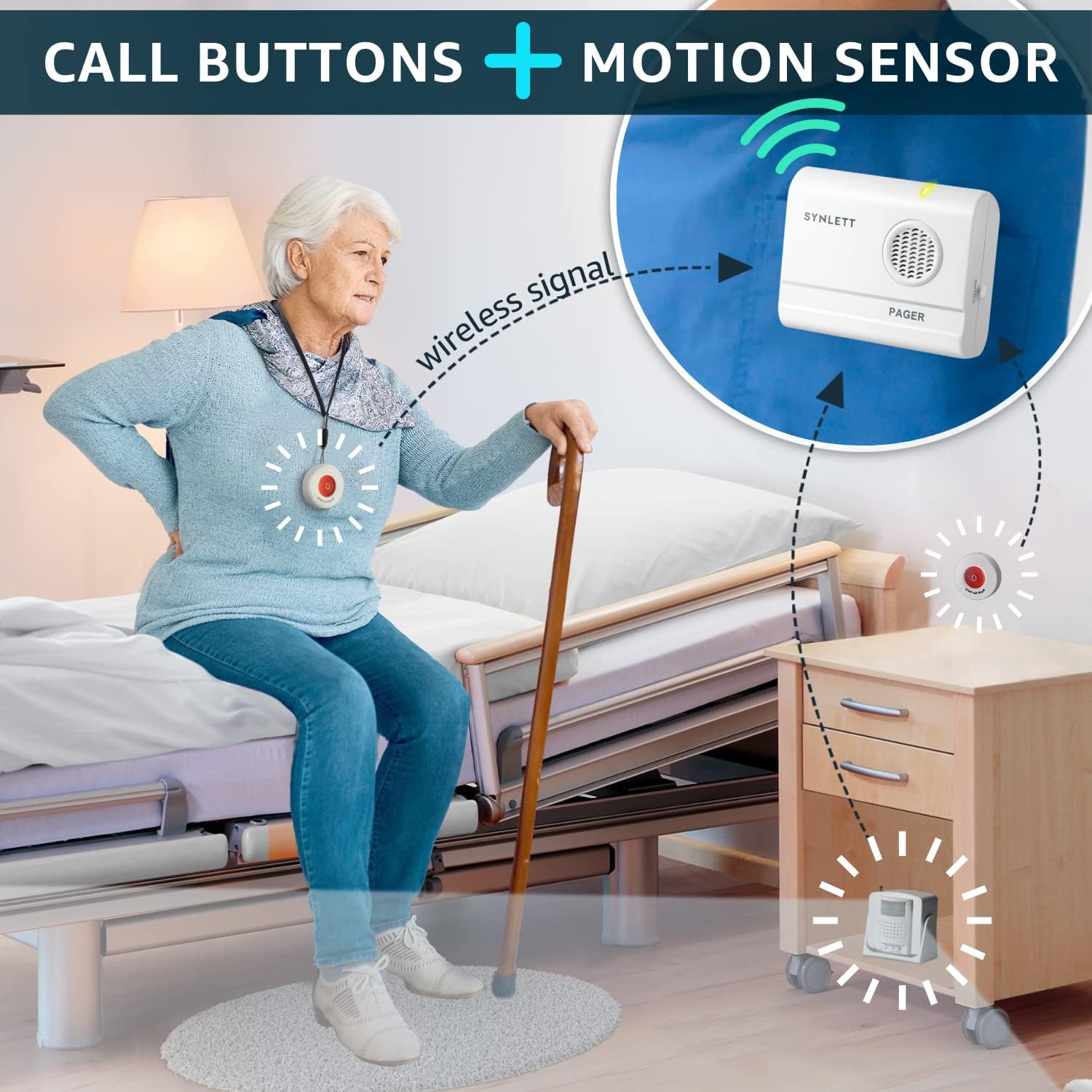 Caregiver Pager Wireless Call Buttons Motion Sensor Alarm Indoor for Elderly Monitoring Fall Prevention Bed Alarm Alert System Portable Nurse Call for Seniors Dementia Patients Emergency