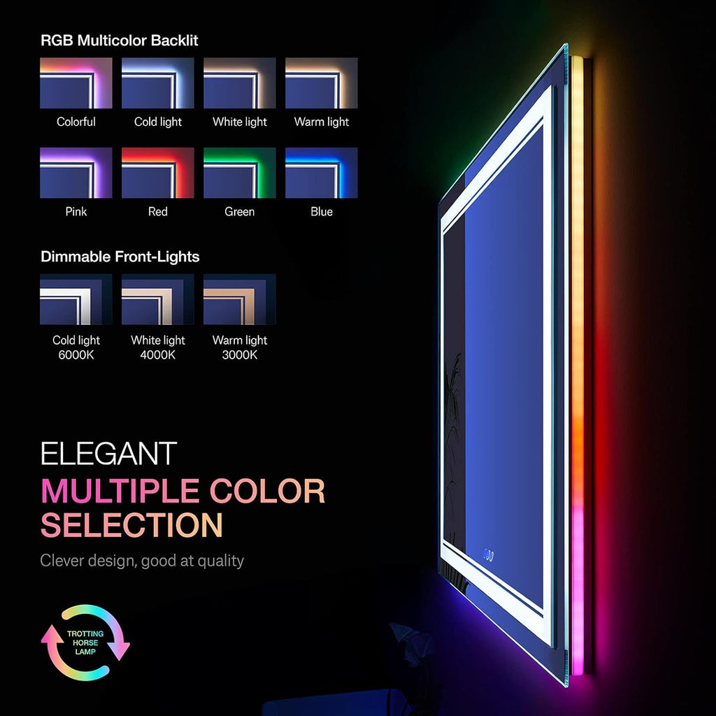28x36 inch LED Bathroom Mirror RGB Color Changing Backlit Mirror Shatterproof Dimmable Anti-Fog Vanity Mirror with Double Lights (RGB Multicolor Backlit + Adjustable Front-Lighted)